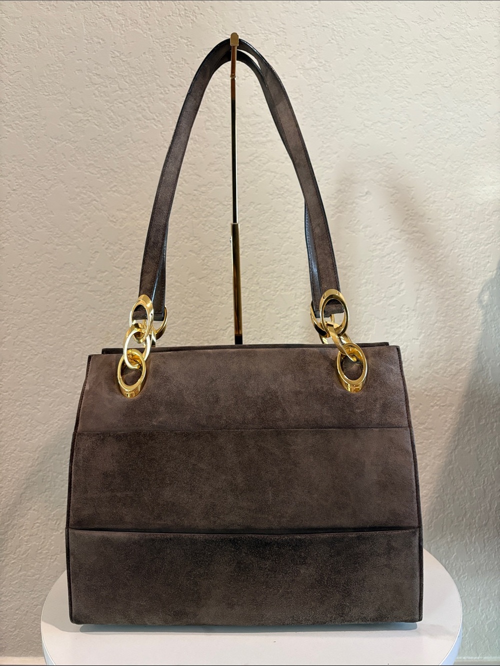 Salvatore Ferragamo Dark Brown Suede Shoulder Bag with Gold Hardware